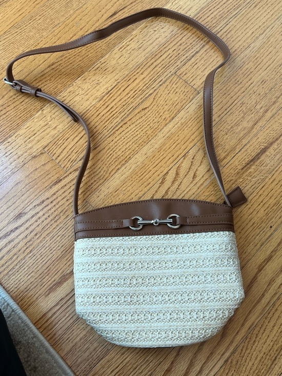 Source Unknown Handbags - Source Unknown Cream Woven Shoulder Bag with Brown Trim Casual Quiet Luxury